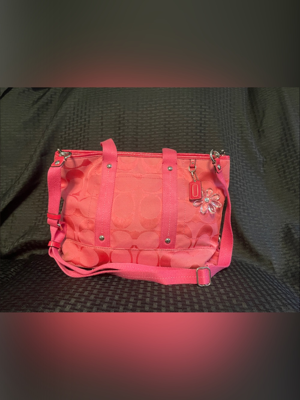 Coach Pink Signature Canvas Shoulder Bag with Flower Charm/ Good condition